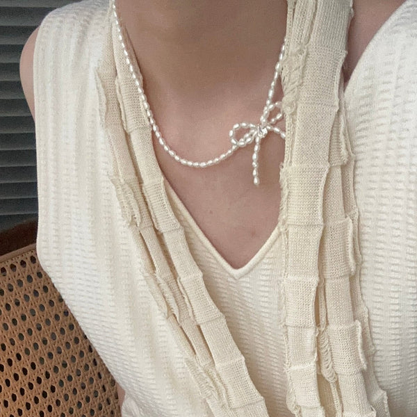 3-4mm Rice-Shaped Baroque Freshwater Pearl 'Sincerest Memories' Bow Necklace｜Cyber Sea Pearl
