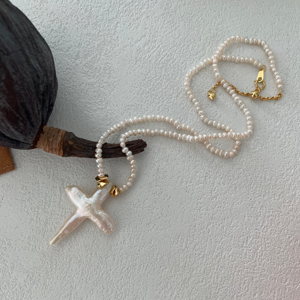 Cross-Shaped Baroque Freshwater Pearl 'Holiness of Faith' Necklace