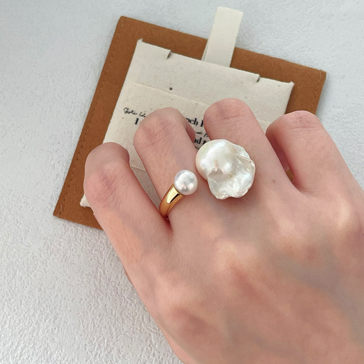 Baroque Pearl & Freshwater Pearl Gold Hoop Ring｜Cyber Sea Pearl