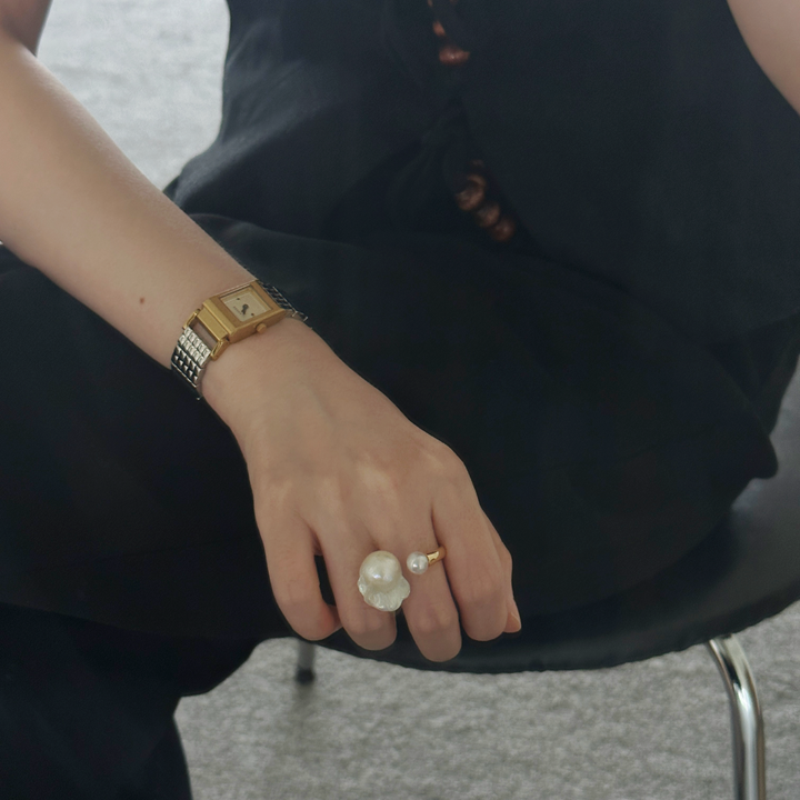 Baroque Pearl & Freshwater Pearl Gold Hoop Ring｜Cyber Sea Pearl