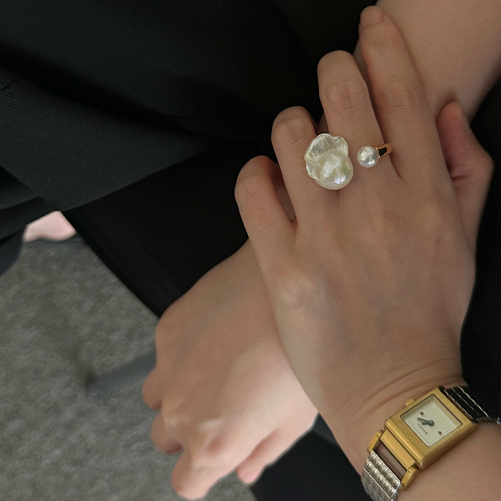 Baroque Pearl & Freshwater Pearl Gold Hoop Ring｜Cyber Sea Pearl