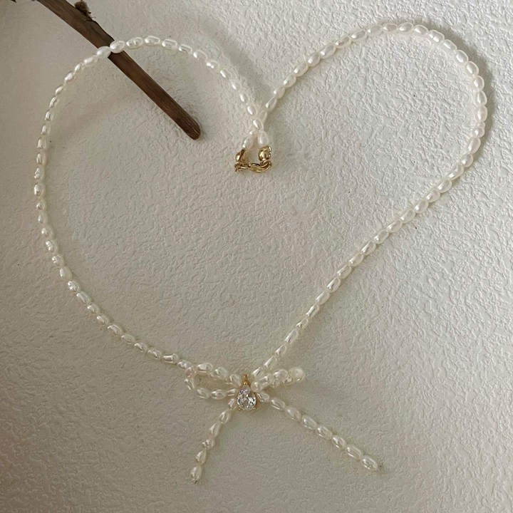 3-4mm Rice-Shaped Baroque Freshwater Pearl 'Sincerest Memories' Bow Necklace｜Cyber Sea Pearl