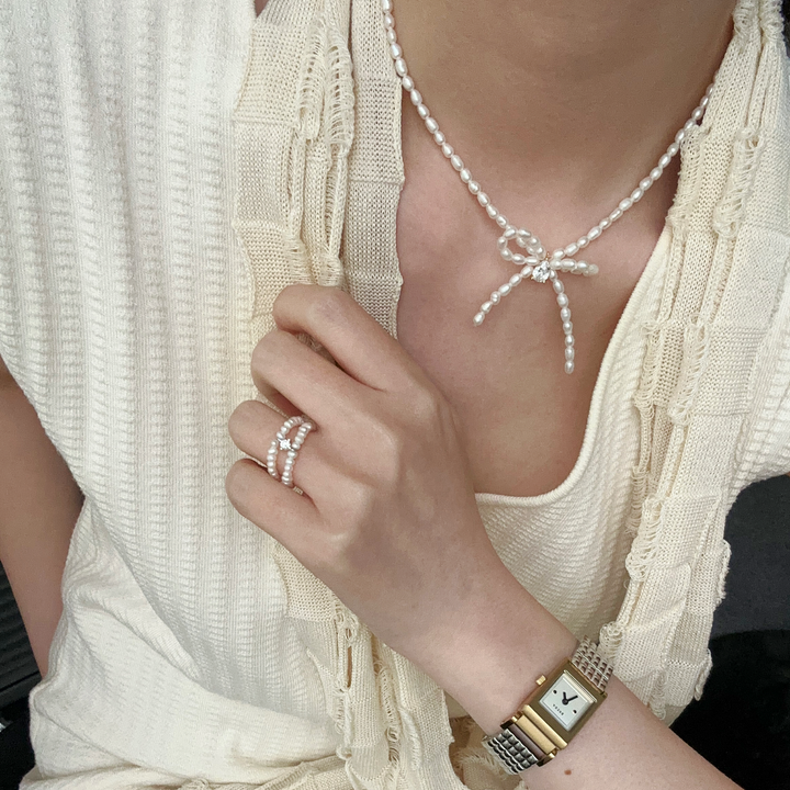 3-4mm Rice-Shaped Baroque Freshwater Pearl 'Sincerest Memories' Bow Necklace｜Cyber Sea Pearl