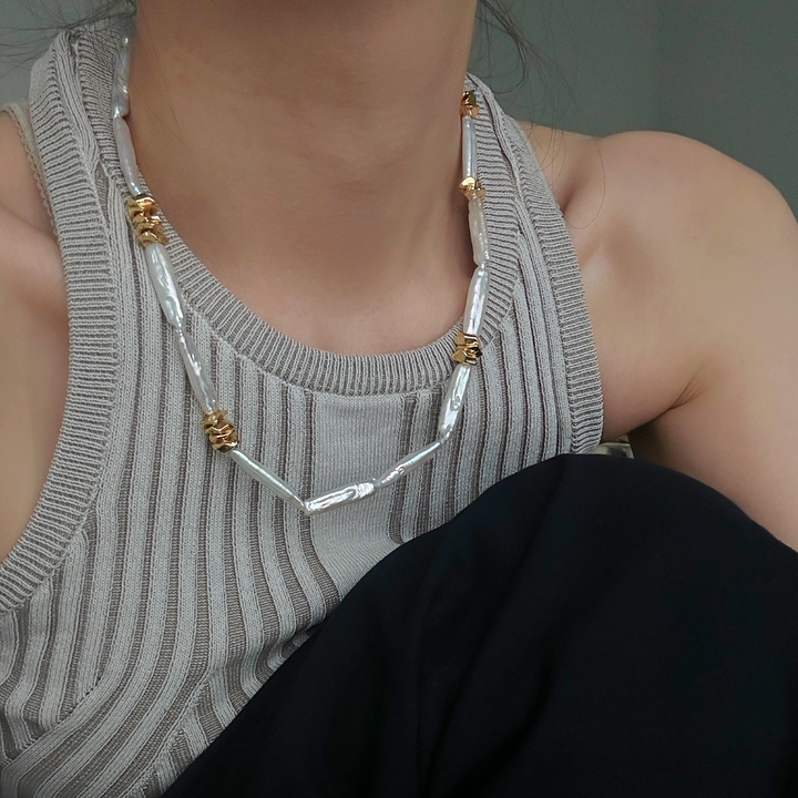 25-30mm Long-Shaped Baroque Freshwater Pearl Metal Splice Necklace｜Cyber Sea Pearl